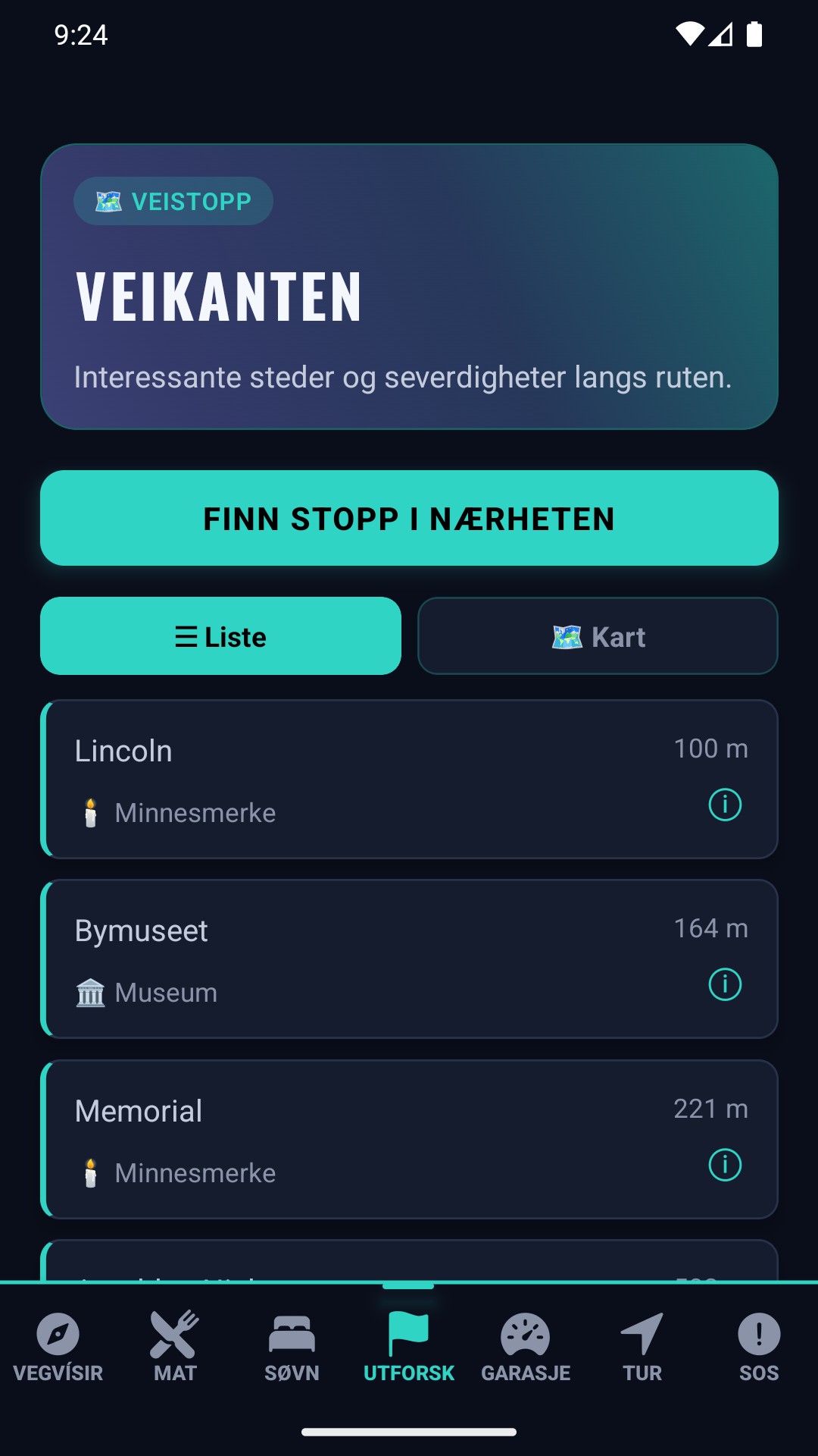 Veistopp-skjerm — interessante steder og severdigheter langs ruten